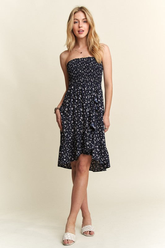 ADORA Smocked Floral Pattern Side Pockets High-Low Hem Tube Midi Dress | Navy