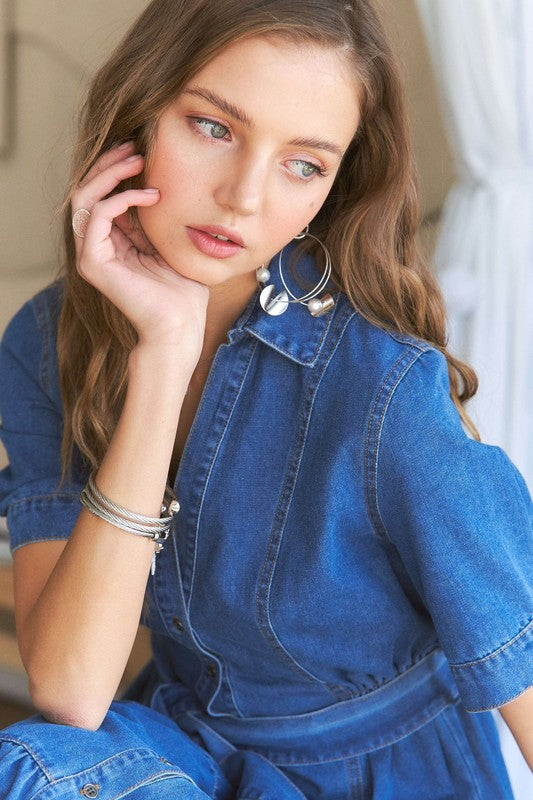 ADORA Tiered Detail Button Down Tie Waist Short Sleeves Dark Denim Midi Dress