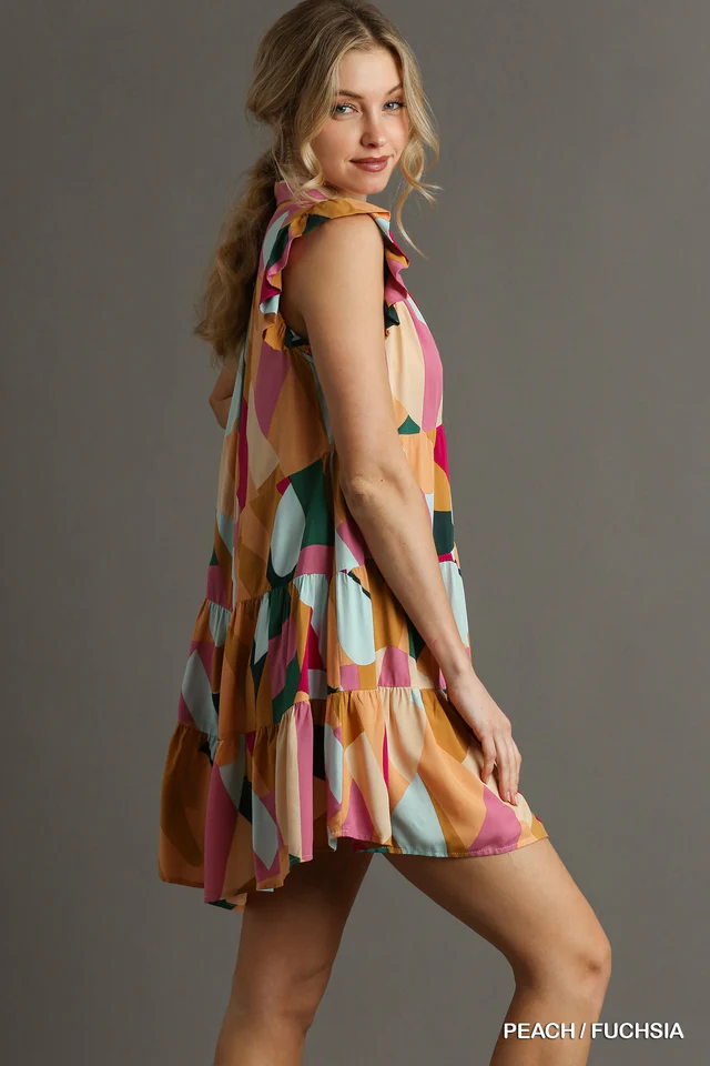 Umgee Abstract Print Button Detail Ruffle Cap Sleeves Tiered Mini Dress | Peach