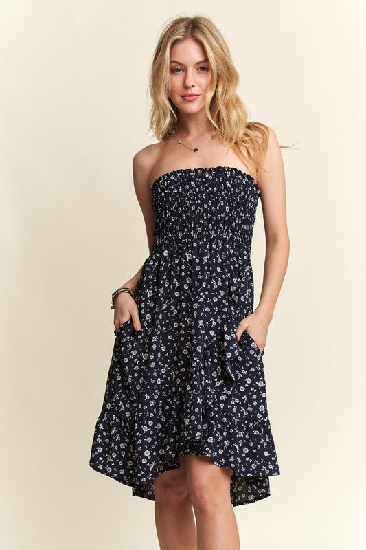 ADORA Smocked Floral Pattern Side Pockets High-Low Hem Tube Midi Dress | Navy