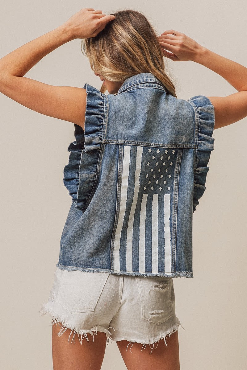 BiBi American Flag Pattern Buttoned Ruffle Sleeves Charcoal Washed Denim Jacket