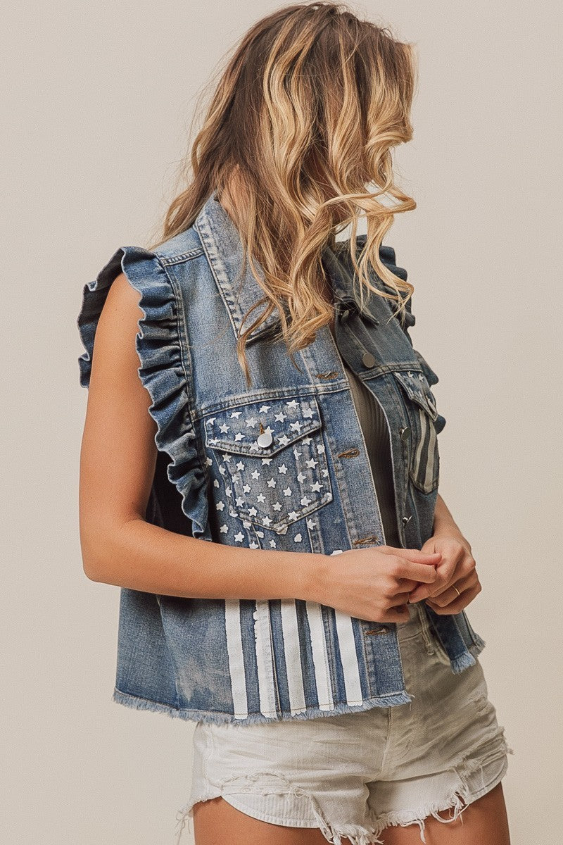 BiBi American Flag Pattern Buttoned Ruffle Sleeves Charcoal Washed Denim Jacket