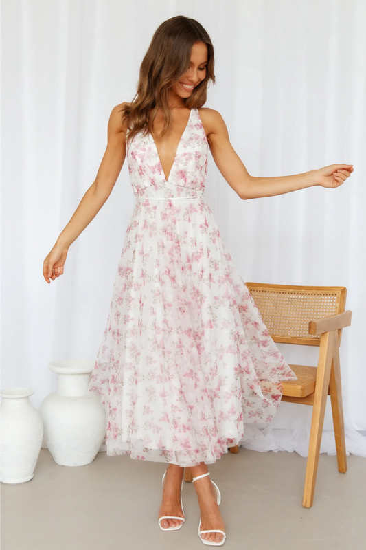 ONE & ONLY Floral Print Plunging Neck Tulle Maxi Dress in Pink