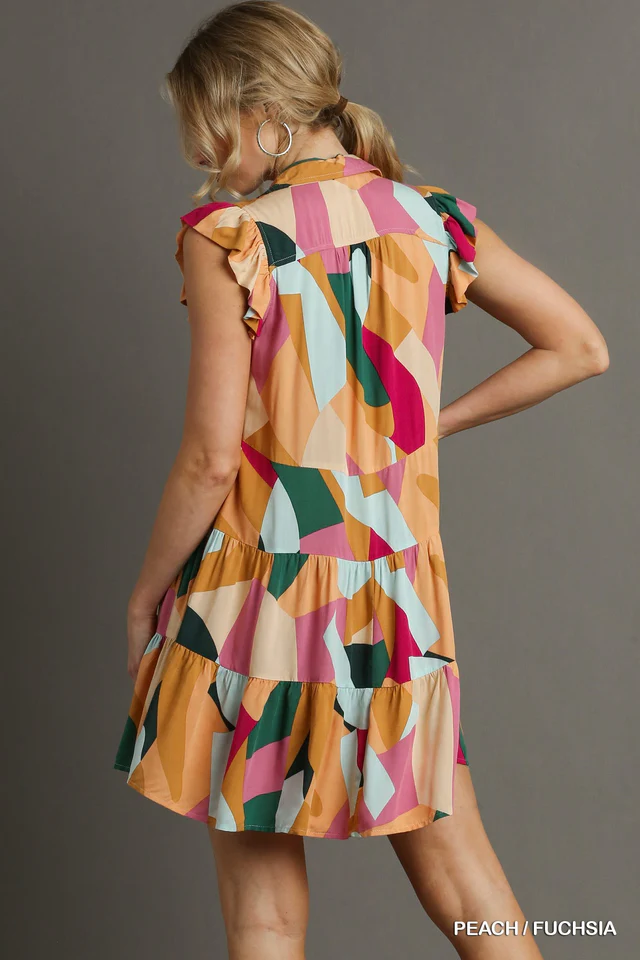 Umgee Abstract Print Button Detail Ruffle Cap Sleeves Tiered Mini Dress | Peach
