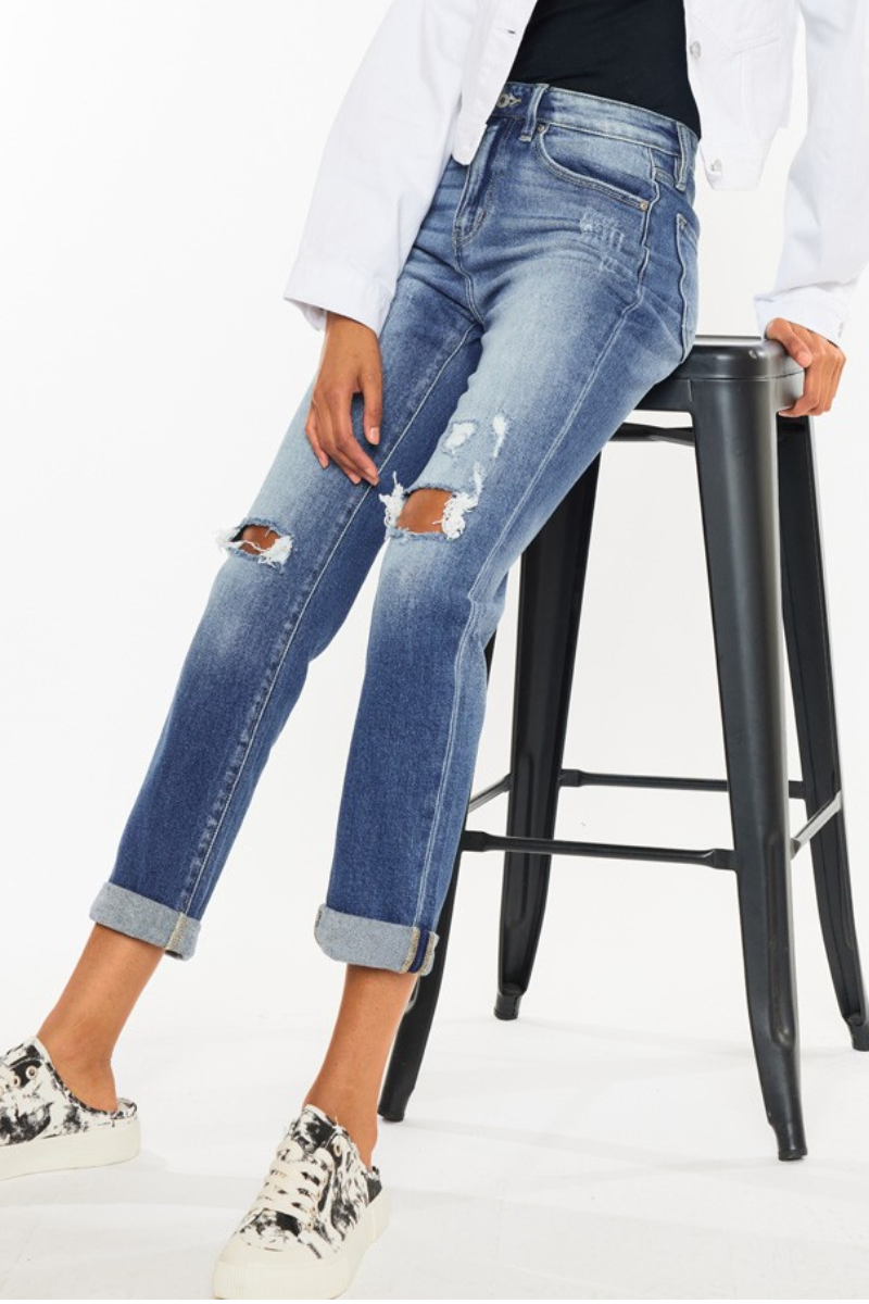 KanCan High Waist Distressed Hem Detail Cropped Straight Jeans