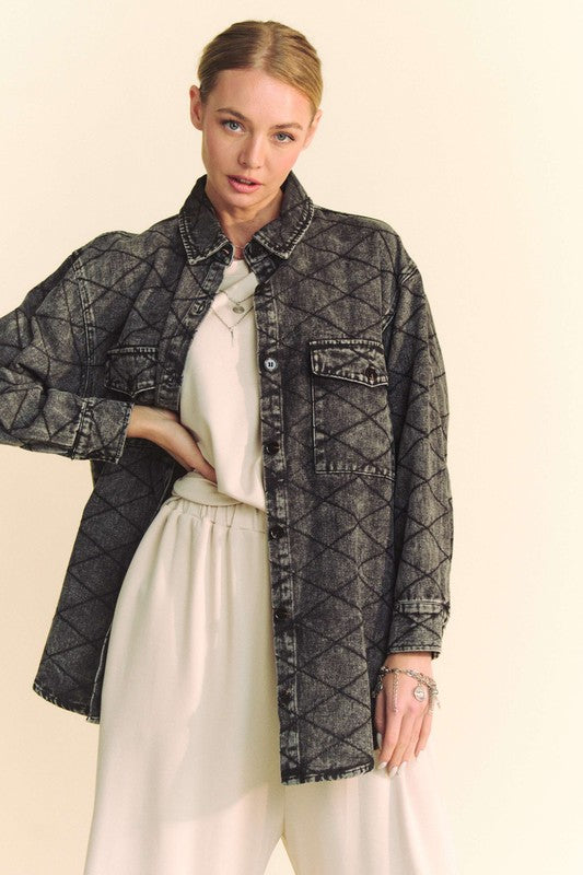 Davi & Dani Curved Hem Diamond Quilted Button Up Pockets Denim Shacket | Black