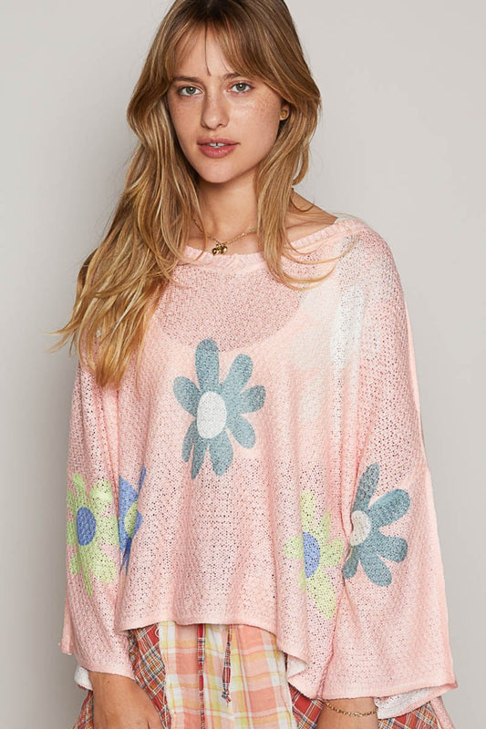 POL Oversized Colorful Flower Dropped Shoulder Long Sleeves Knit Top