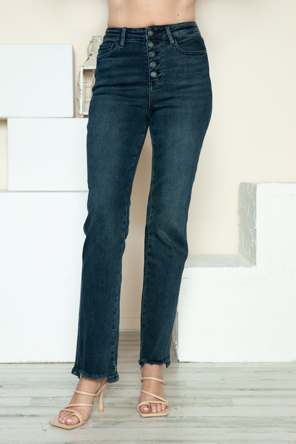 Judy Blue High Rise Waist Button Fly Hem Destroy Dark Wash Straight Denim Jeans