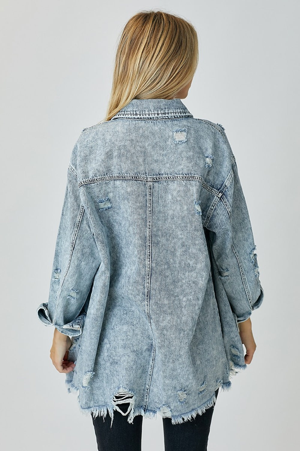 RISEN Distressed Raw Hem Long Sleeves Chest Pocket Light Wash Denim Shirt
