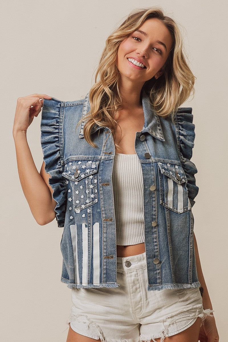BiBi American Flag Pattern Buttoned Ruffle Sleeves Charcoal Washed Denim Jacket