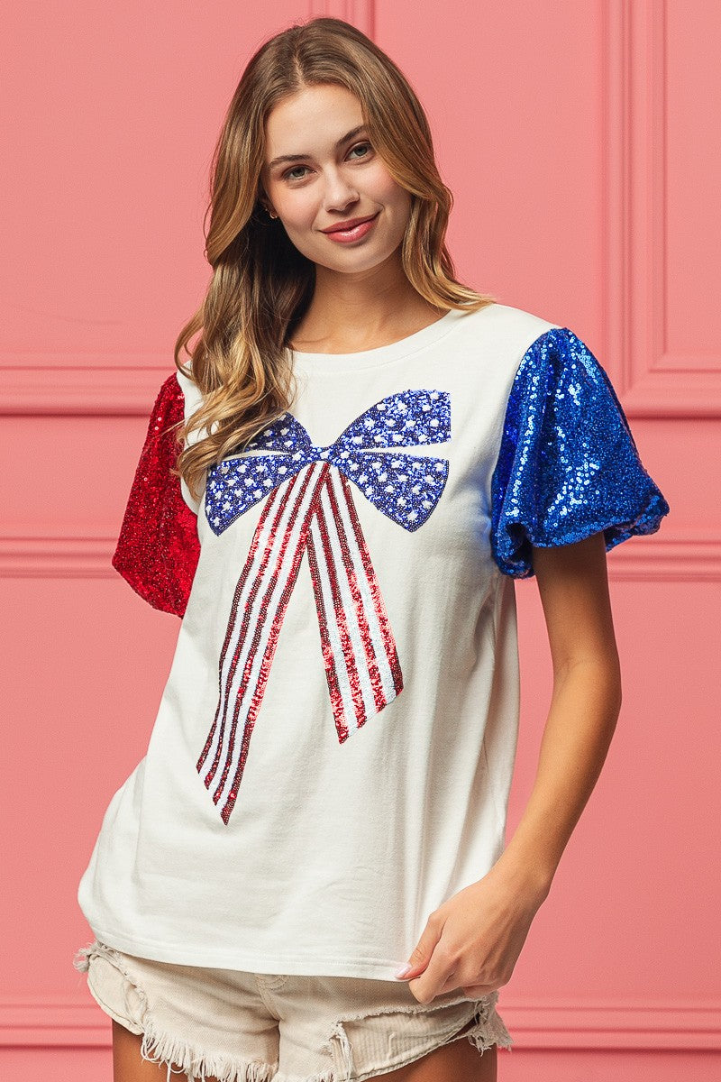 BiBi Sequin Short Sleeves American Flag Bow Ribbon Embroidered Top | Off White
