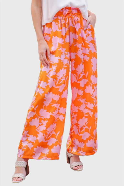 Lumiere Loose Fit Tropical Print Self Tie Drawstring Wide Pants