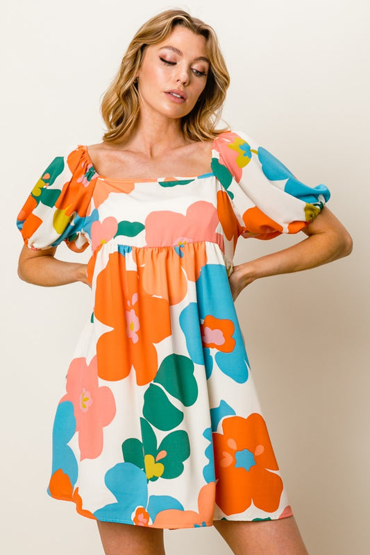 BiBi Floral Print Puff Sleeves Square Neck Ruched Mini Dress | Orange/Blue