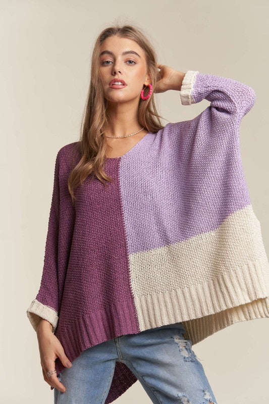 ADORA Side Slit Color Block Long Sleeves V-Neck Lightweight Sweater | Purple