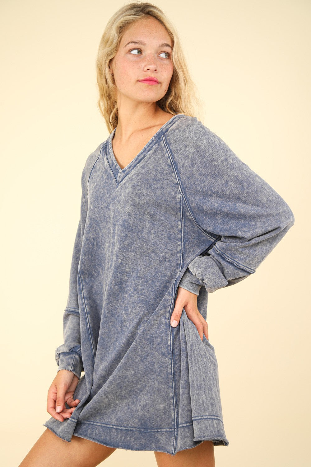 VERY J Mineral Wash Raglan Sleeves V-Neck Oversized A-Line Mini Dress | Denim