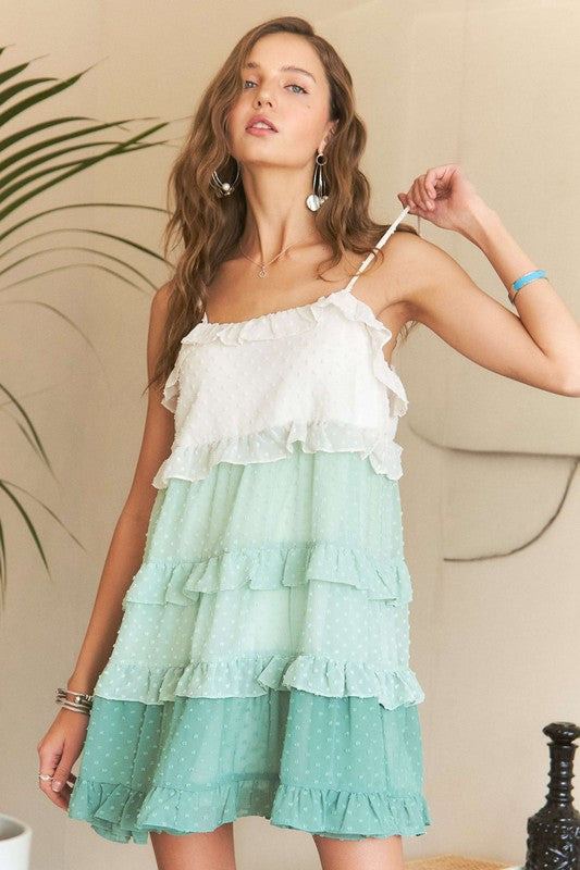 ADORA Swiss Dot Ombre Ruffled Tiered Adjustable Strap Babydoll Dress | Gum Leaf