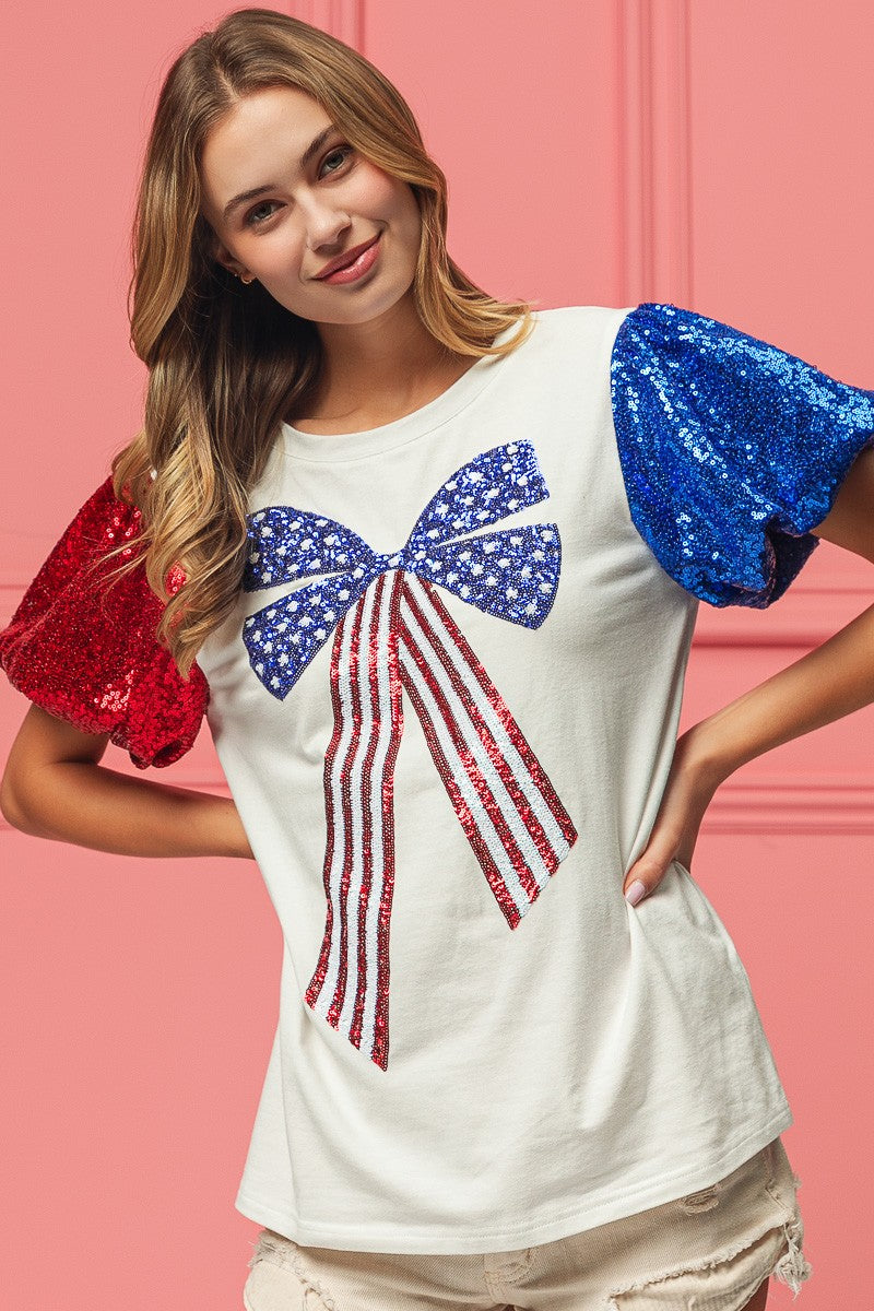 BiBi Sequin Short Sleeves American Flag Bow Ribbon Embroidered Top | Off White