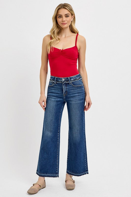 RISEN Tummy Control Raw Hem Zipper Fly Dark Washed Ankle Bootcut Denim Jeans