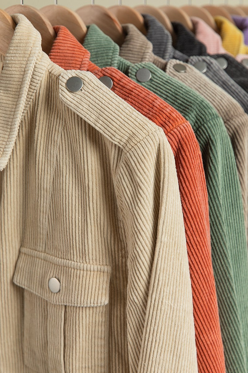 BiBi Button Up Long Sleeves Chest Pockets Relaxed Fit Corduroy Shacket | Grey