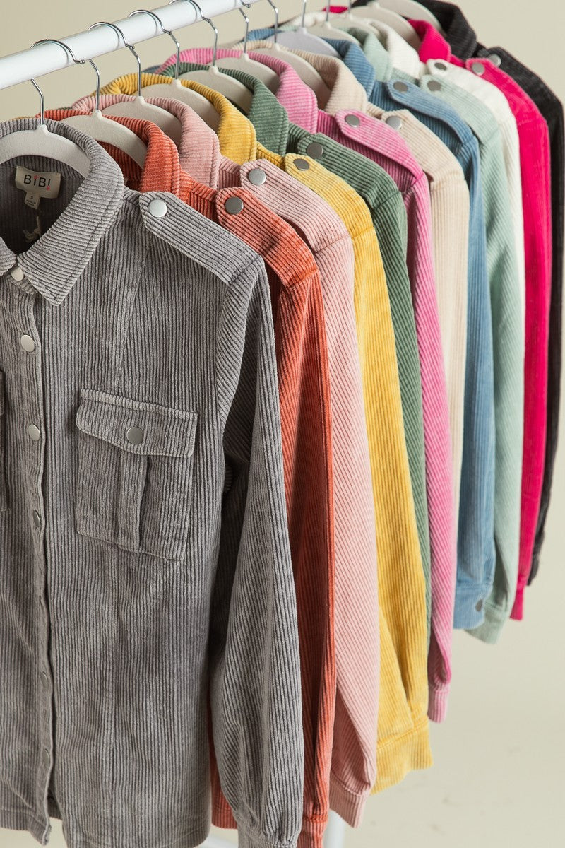 BiBi Button Up Long Sleeves Chest Pockets Relaxed Fit Corduroy Shacket | Grey