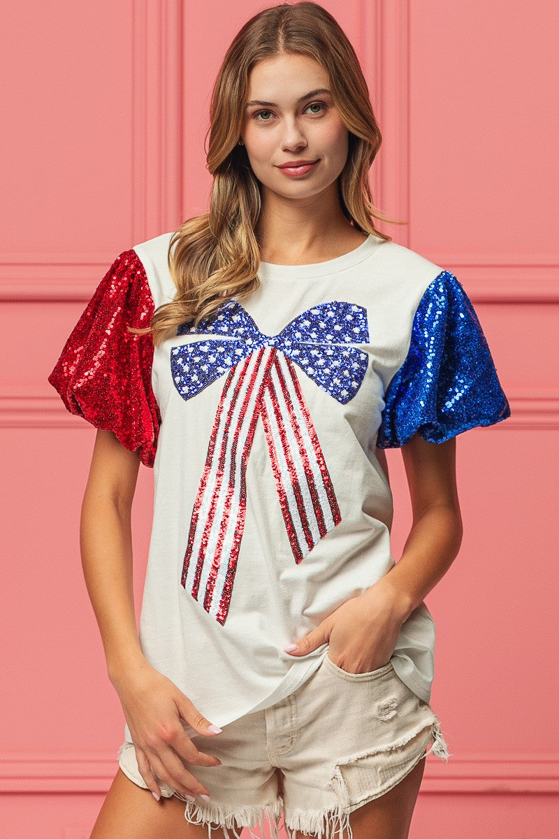 BiBi Sequin Short Sleeves American Flag Bow Ribbon Embroidered Top | Off White