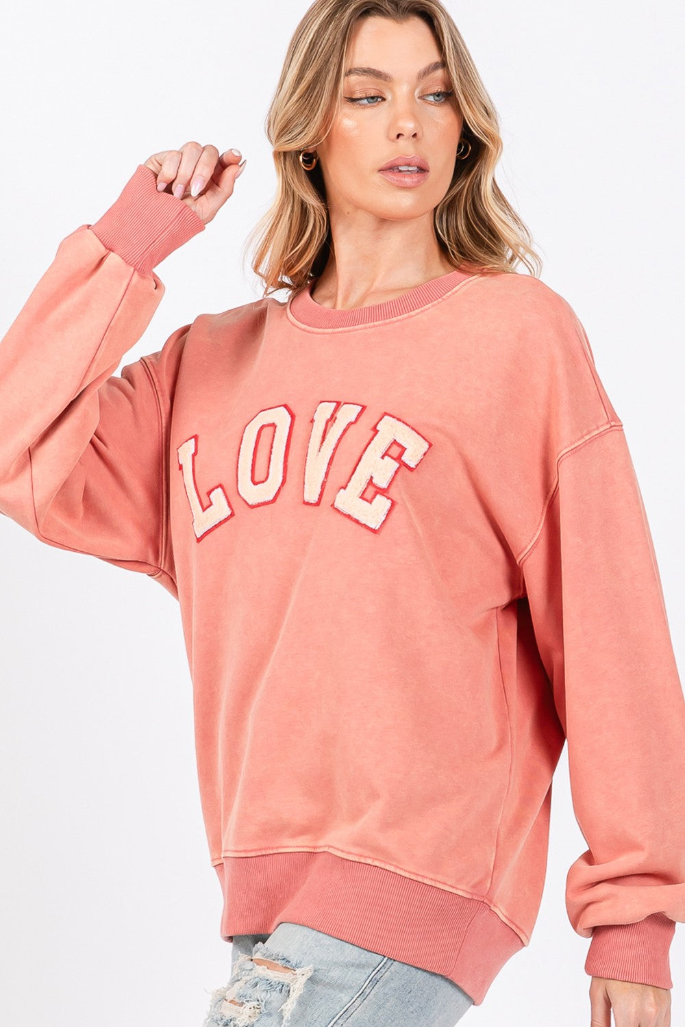 SAGE + FIG LOVE Path Applique Drop Shoulder Long Sleeves Sweatshirt | Orange