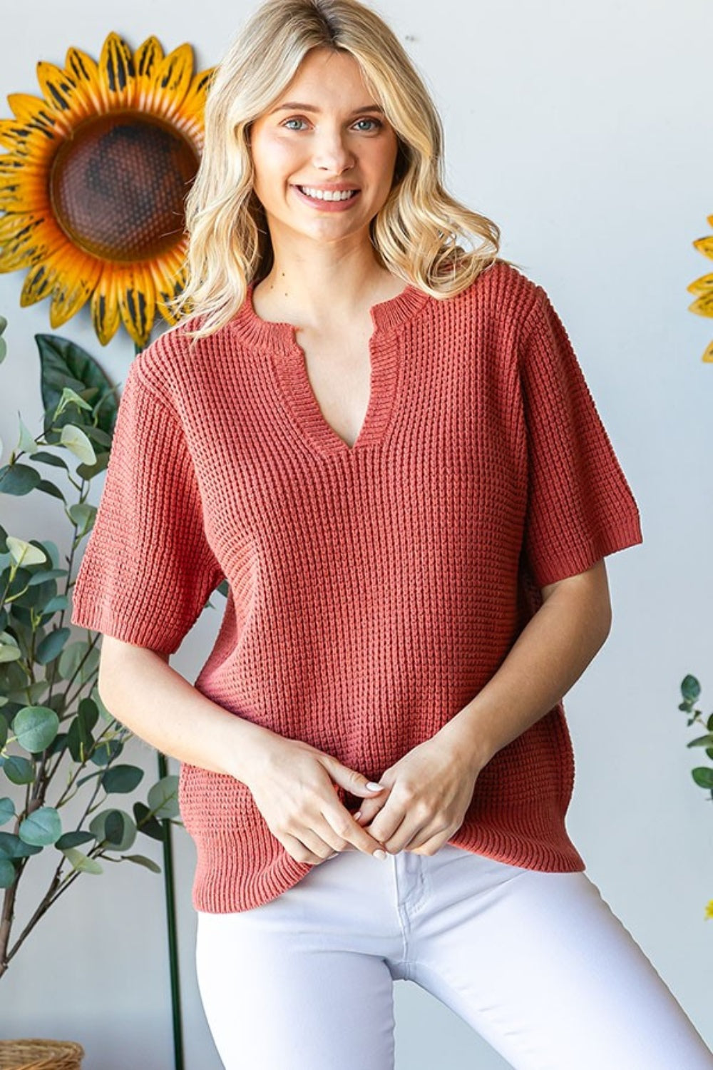 First Love Notched Neckline Short Sleeves Relaxed Fit Knit Sweater | Rust