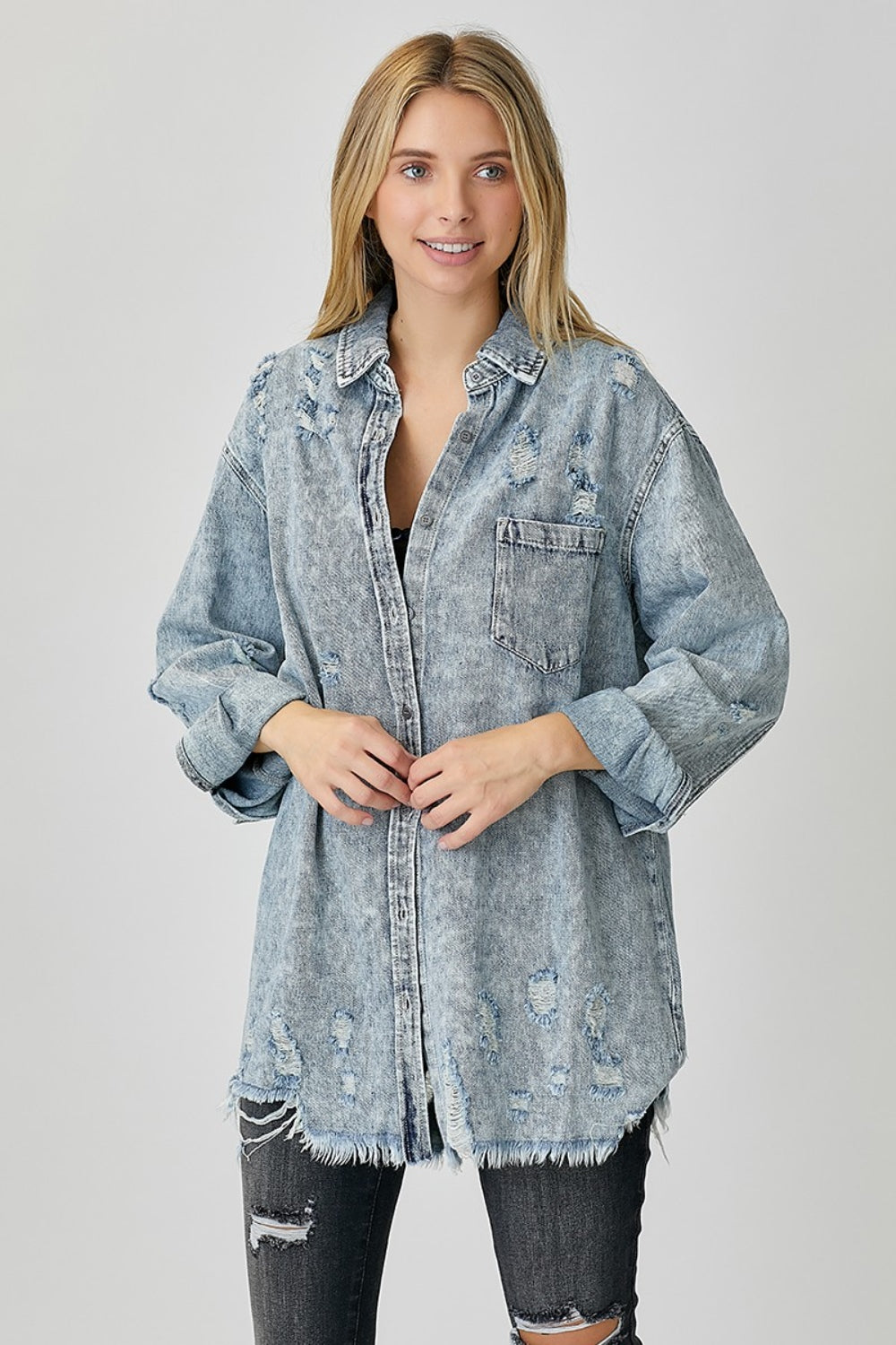 RISEN Distressed Raw Hem Long Sleeves Chest Pocket Light Wash Denim Shirt