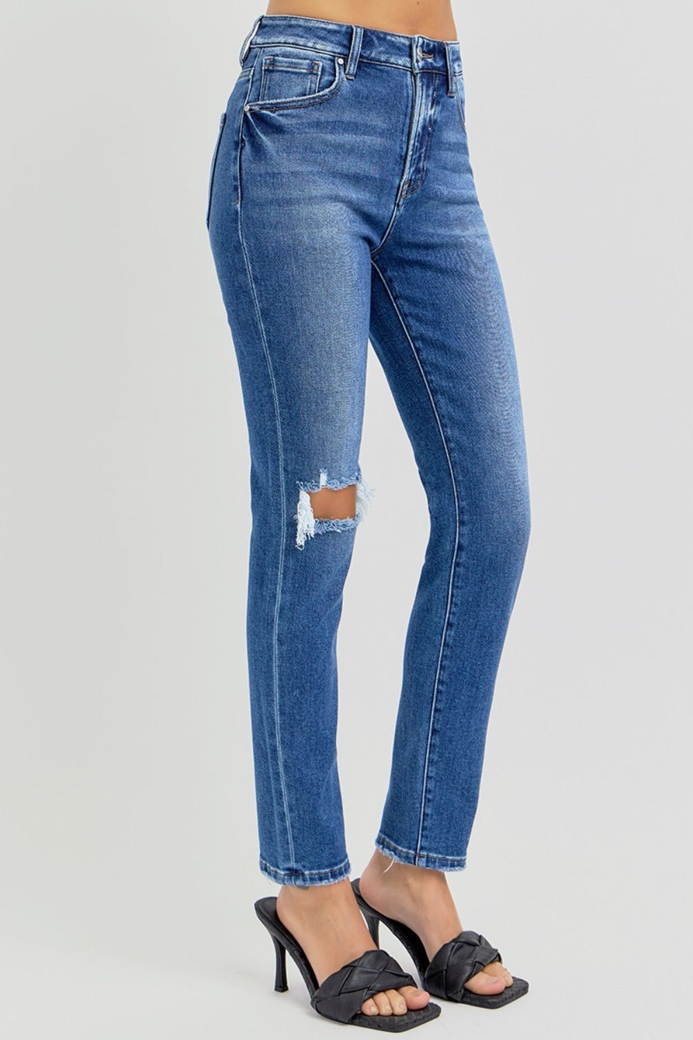 RISEN High Rise Waist Distressed Knee Dark Washed Ankle Skinny Denim Jeans