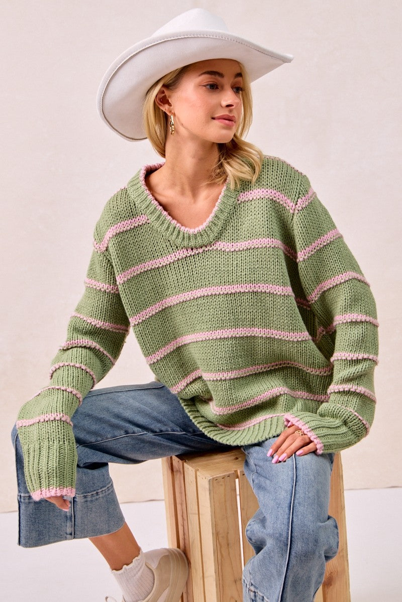 BiBi Striped Pattern Long Sleeves Oversized Ribbed Pullover Sweater | Marsala