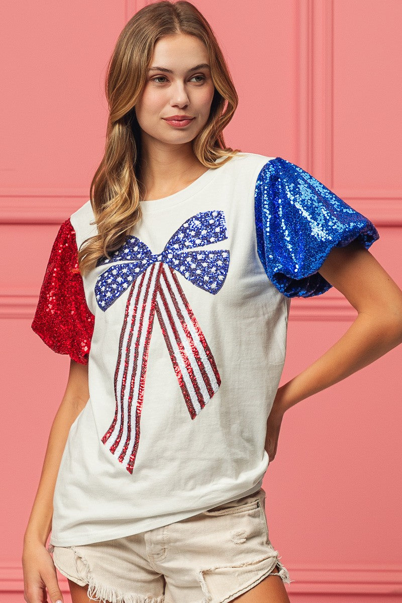 BiBi Sequin Short Sleeves American Flag Bow Ribbon Embroidered Top | Off White