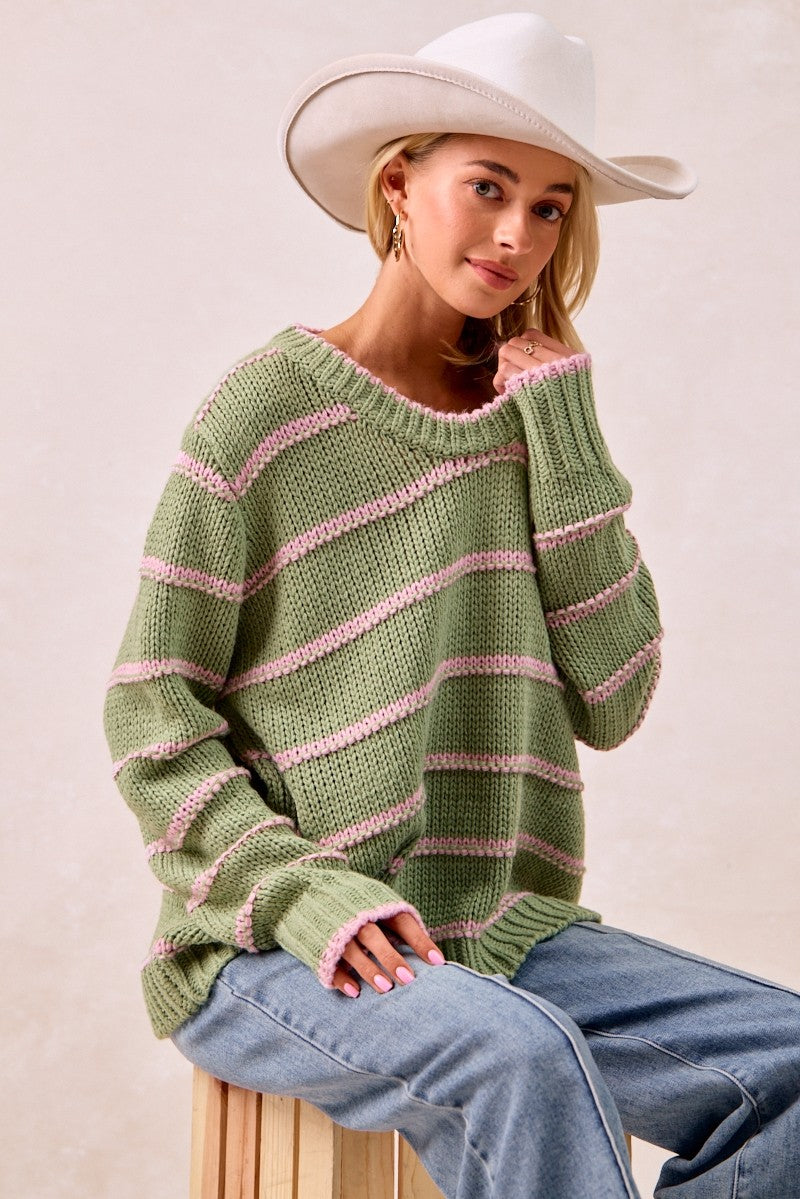 BiBi Striped Pattern Long Sleeves Oversized Ribbed Pullover Sweater | Marsala