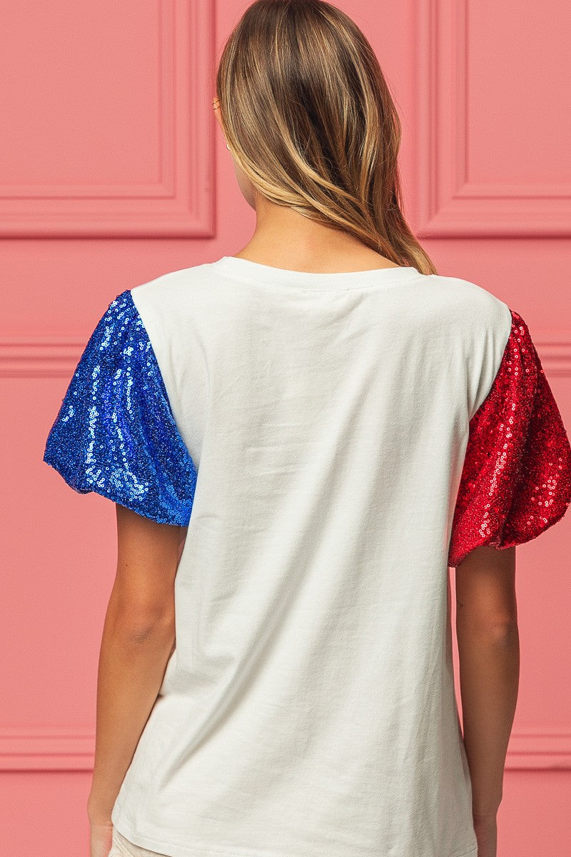 BiBi Sequin Short Sleeves American Flag Bow Ribbon Embroidered Top | Off White