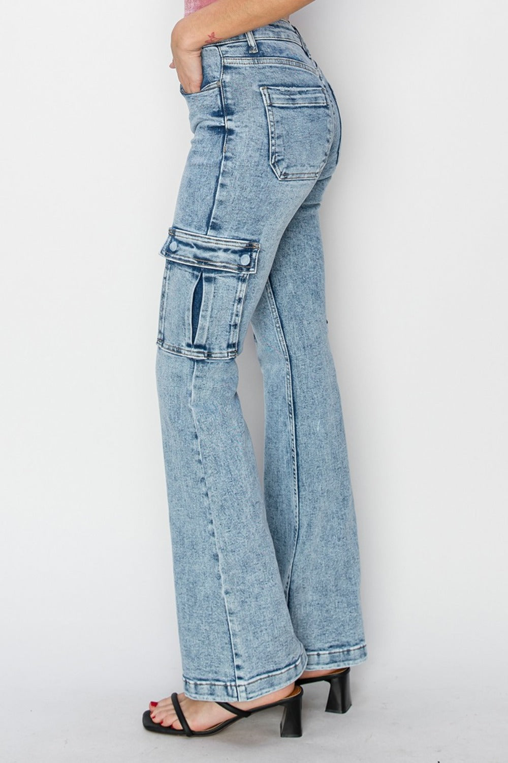 RISEN High Rise Cargo Pockets Zipper Fly Acid Medium Flare Denim Jeans