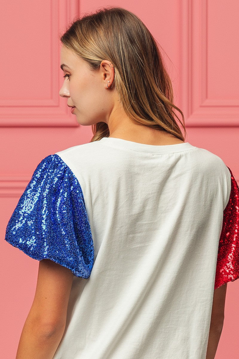 BiBi Sequin Short Sleeves American Flag Bow Ribbon Embroidered Top | Off White