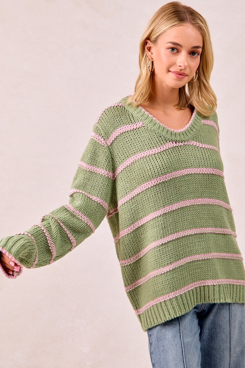 BiBi Striped Pattern Long Sleeves Oversized Ribbed Pullover Sweater | Marsala