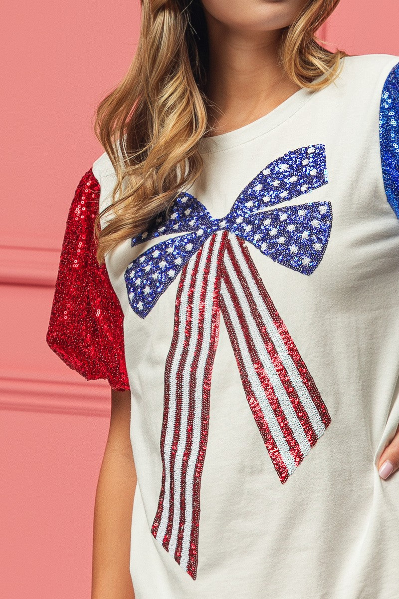 BiBi Sequin Short Sleeves American Flag Bow Ribbon Embroidered Top | Off White