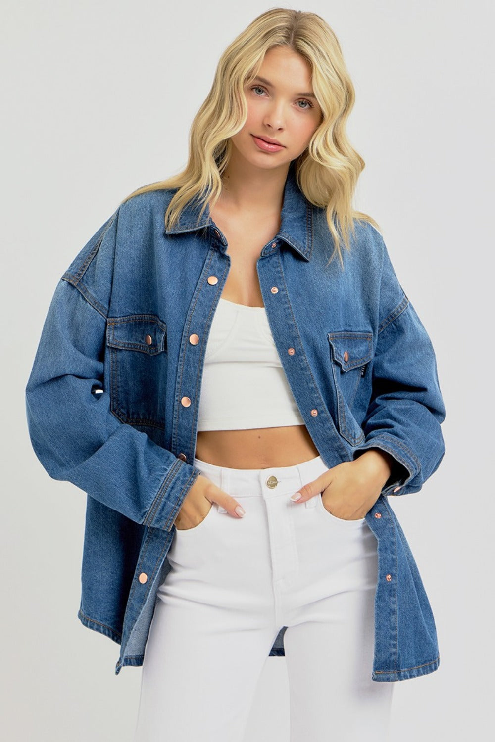 RISEN Snap Button Down Long Sleeves Dark Washed Chest Pockets Denim Shacket