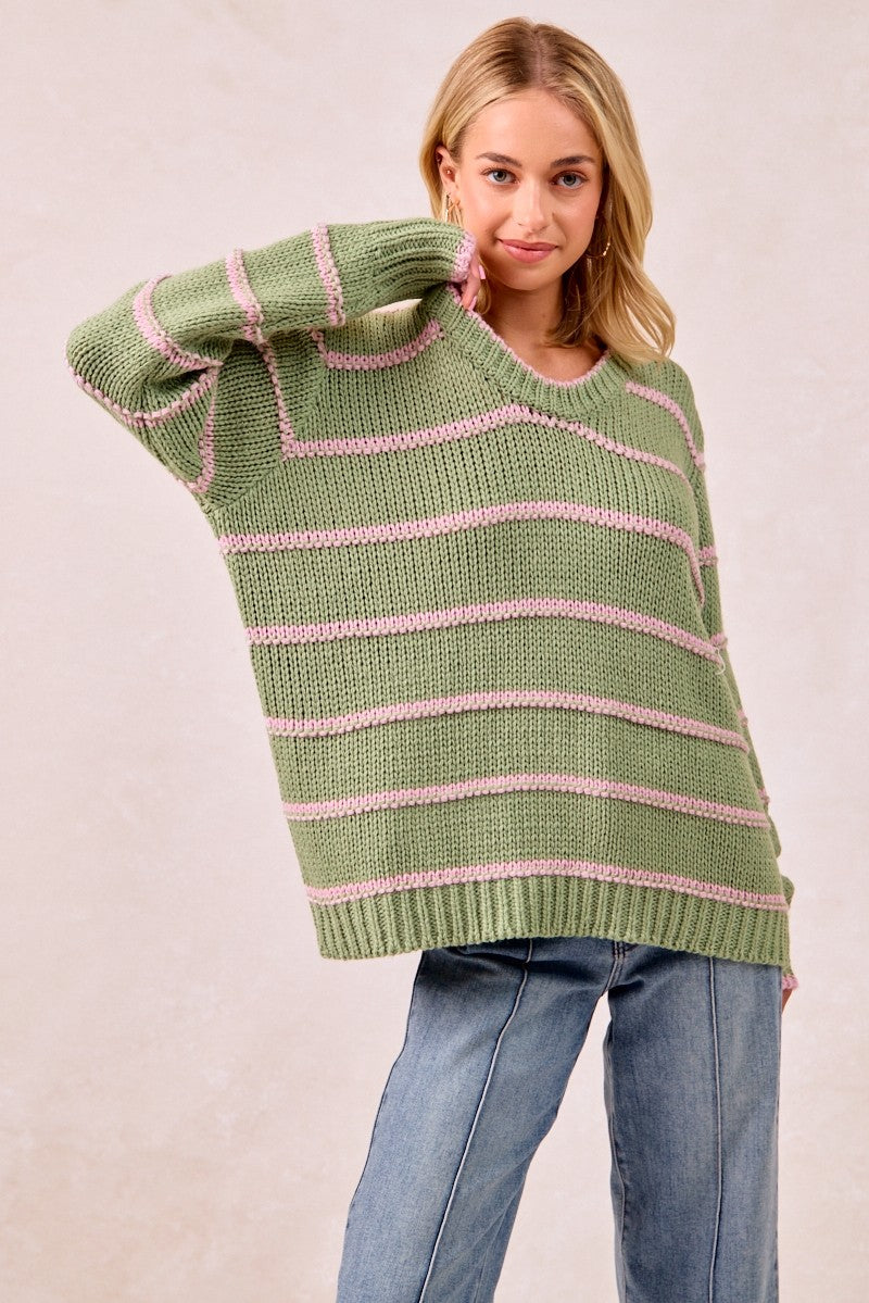 BiBi Striped Pattern Long Sleeves Oversized Ribbed Pullover Sweater | Marsala
