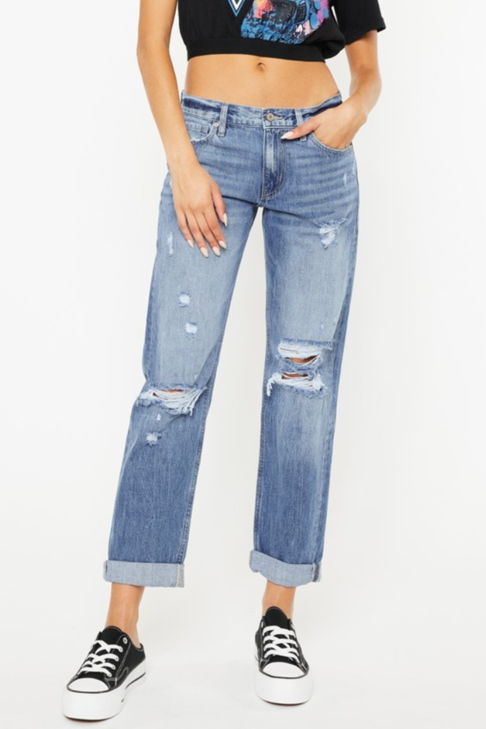 KanCan Mid Rise Cuffed Hem Distressed Light Wash Cropped Straight Denim Jeans
