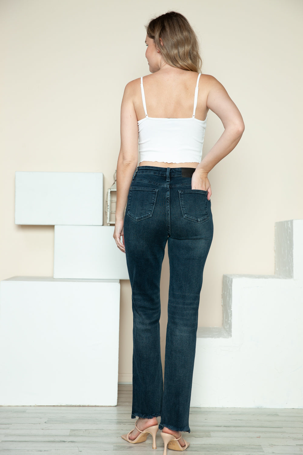 Judy Blue High Rise Waist Button Fly Hem Destroy Dark Wash Straight Denim Jeans