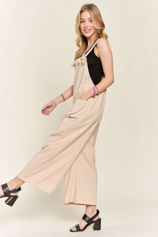 ADORA Knotted Wide Strap Front Pockets Relaxed Fit Wide Leg Overalls | Tan