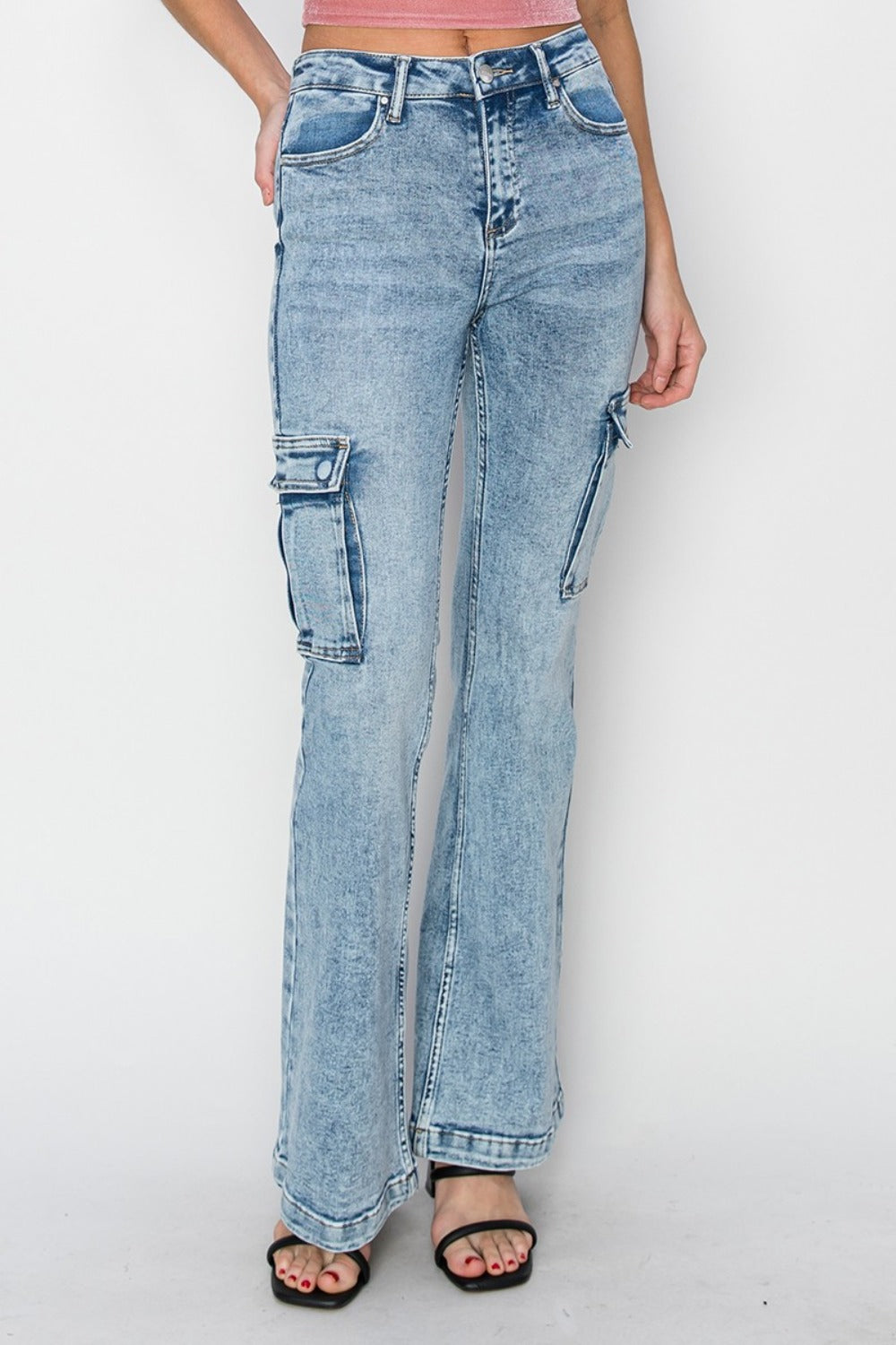 RISEN High Rise Cargo Pockets Zipper Fly Acid Medium Flare Denim Jeans