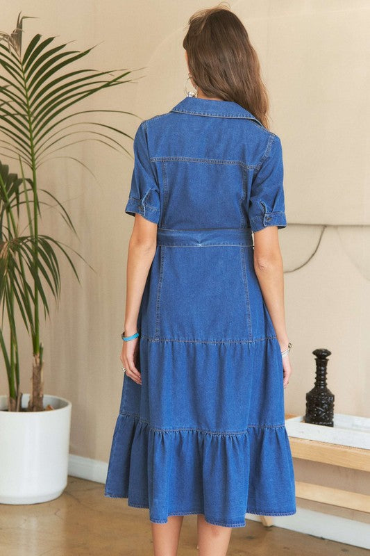 ADORA Tiered Detail Button Down Tie Waist Short Sleeves Dark Denim Midi Dress