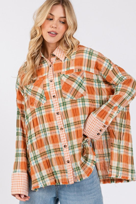 SAGE + FIG Side Slit Plaid Pattern Button Down Long Sleeves Shirt | Savanna