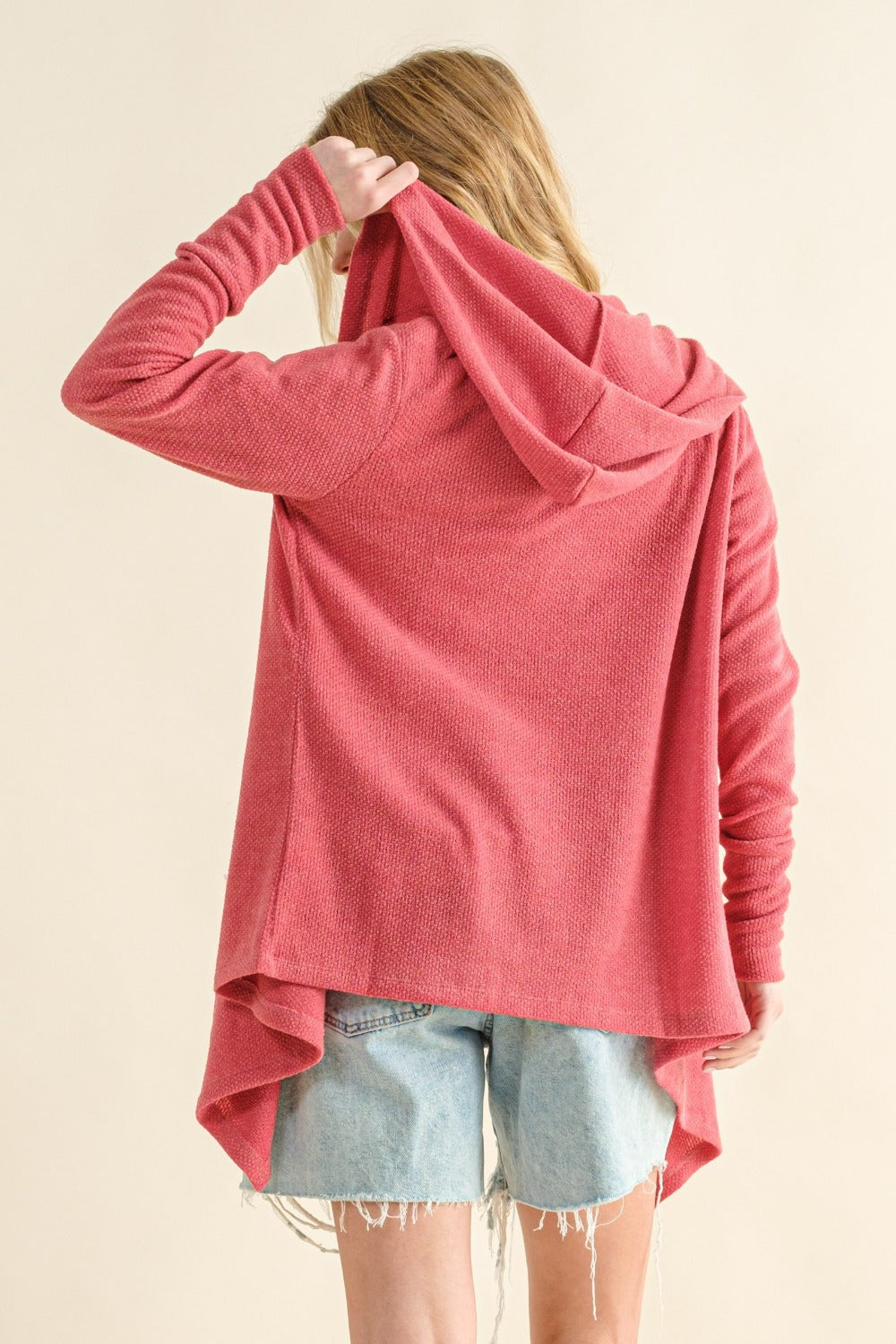 And The Why Thermal Long Sleeves Pockets Hooded Casual Cardigan | Rose Pink