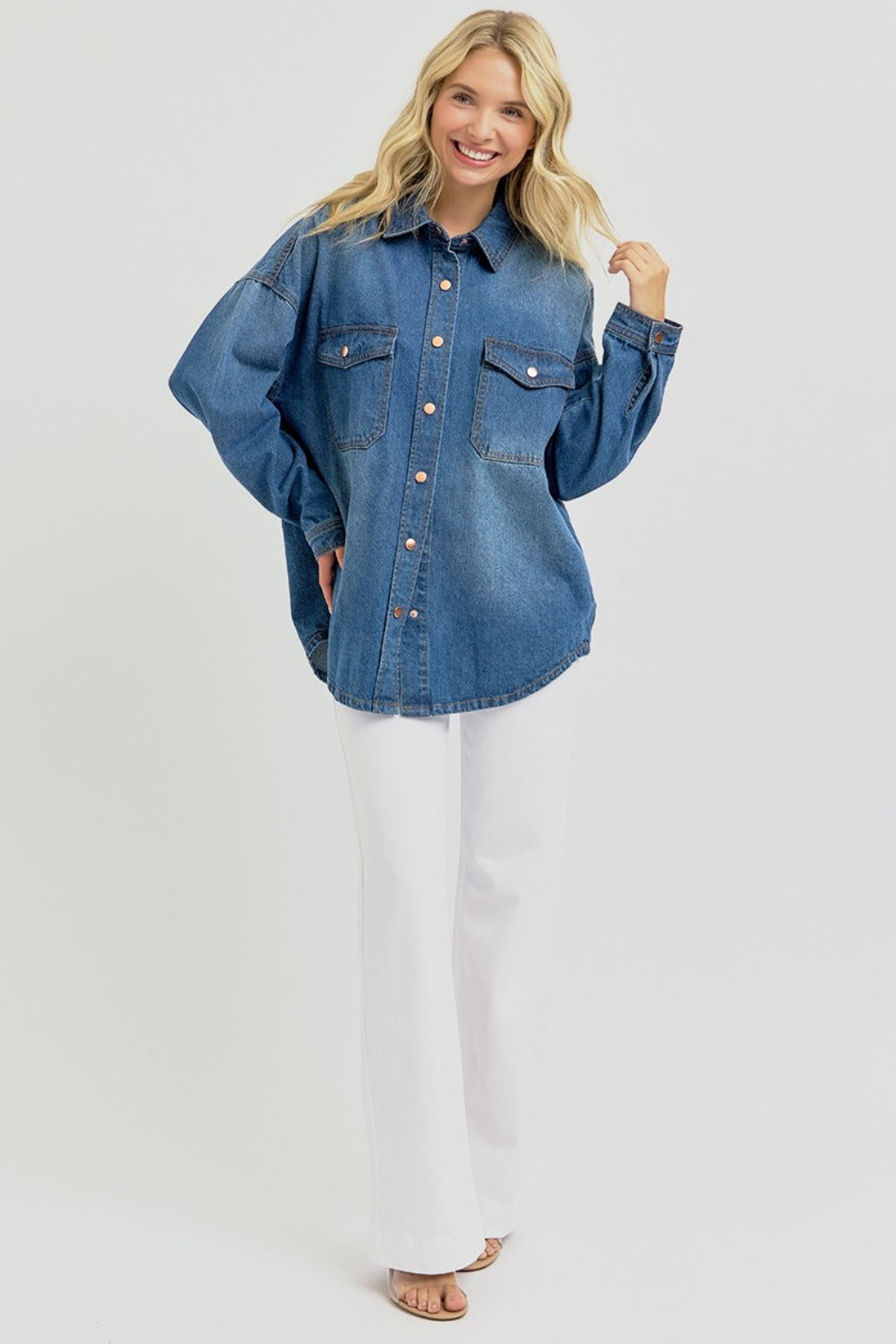 RISEN Snap Button Down Long Sleeves Dark Washed Chest Pockets Denim Shacket