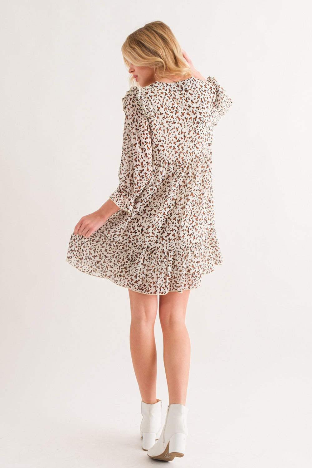 And The Why Leopard Print Long Sleeves Ruffle Hem Woven Mini Dress | Ivory