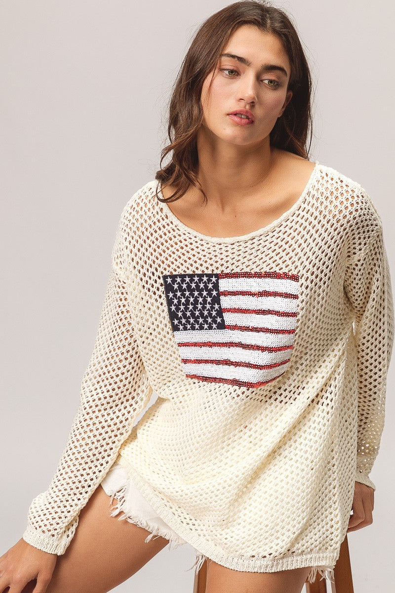 BiBi Sequin Embellishments American Flag Patch Open Knit Cover Up Top | Oatmeal