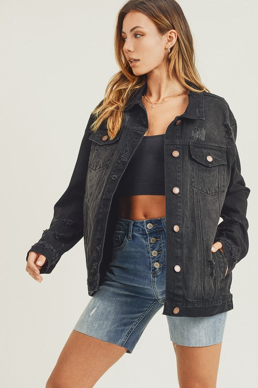 RISEN Distressed Long Sleeves 90's Vintage Pocket Oversized Denim Jacket | Black